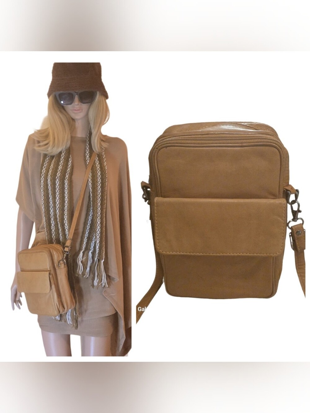 Vintage Bacci Tan Leather Vertical Crossbody Messenger Bag